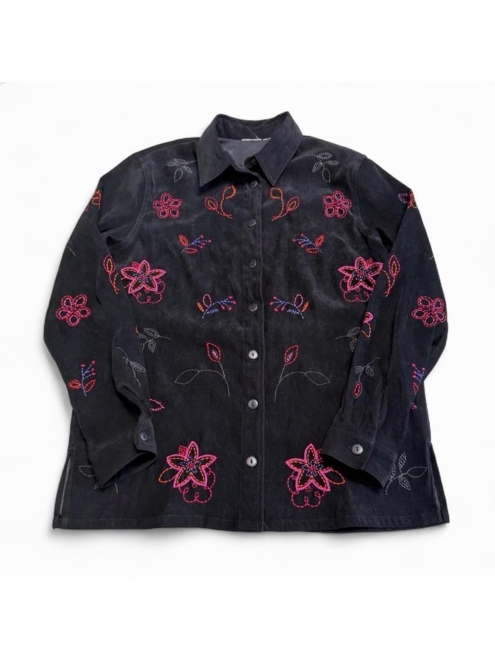 90’s Vintage Faux Suede Floral Embroidered Shirt Jacket Shacket Women’s Small